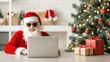 © pvl0707 - A cheerful Santa Claus, clad in his iconic red suit and sunglasses, happily types away on his laptop