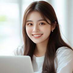 Portrait of a smiling young Asian woman with laptop, modern lifestyle, confidence, happiness