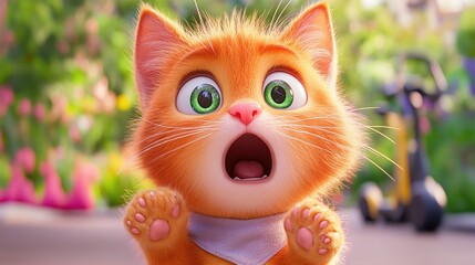 Surprised animated orange kitten with big green eyes in vibrant outdoor setting