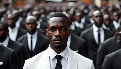 Wall Mural - Dare to be different: striking elegance of a man in a white suit among a sea of black suits