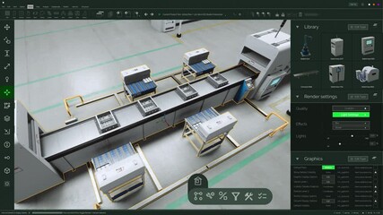 Aufkleber - Screen Replacement Software Mockup: Advanced Manufacturing Factory: 3D CAD Software Renders Automated Production Line With Robotic Arms, assembly Conveyors. Moving and Optimizing Machinery