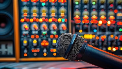 Professional studio condenser microphone with blurred background featuring mixing instruments