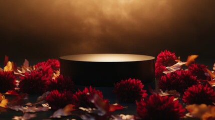 Poster - A circular platform is surrounded by lush red and yellow flowers, bathed in warm lighting. The atmosphere feels inviting and artistic, perfect for a creative showcase or presentation.