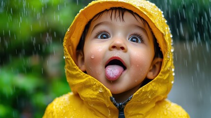 Wall Mural - A young child in a yellow rain jacket sticking out his tongue, AI