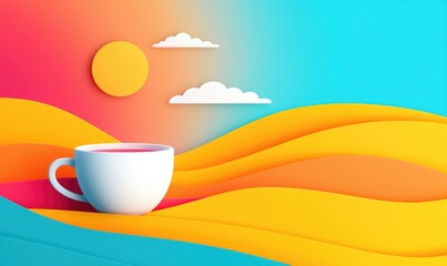 colorful abstract design featuring a cup of coffee with a bright sun and clouds.