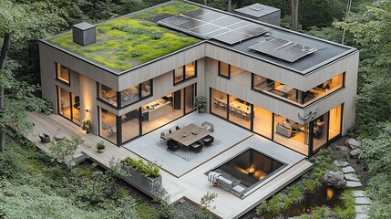 A stylish eco-friendly house with a green roof, solar panels, and floor-to-ceiling windows, nestled in a forest setting, the home's natural wood and stone materials blending into the environment,