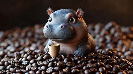 Wall Mural - A cute little hippo is sitting on a pile of coffee beans with a cup in its mouth