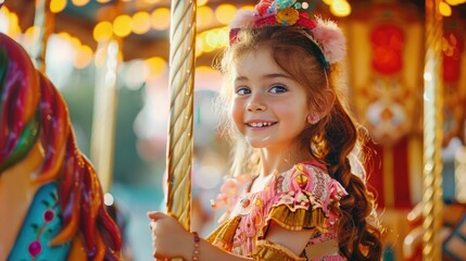 A little girl in a pink dress, smiling brightly as she enjoys the carousel ride at an amusement park. A fun and happy moment captured.