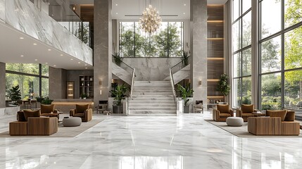 Wall Mural - A stylish hotel lobby with marble floors, high ceilings, a sweeping staircase, and a stunning chandelier, featuring plush seating areas with velvet chairs, polished wood accents,