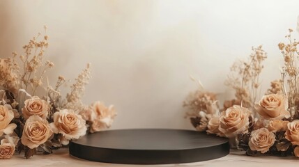Poster - A beautifully arranged setup features soft beige roses and dried flowers framing a sleek black circular platform, ideal for showcasing products or creating a stylish decor setting.