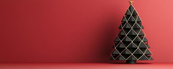 Modern 3D Christmas tree made of black and gold geometric shapes, floating against a red background, unique holiday design