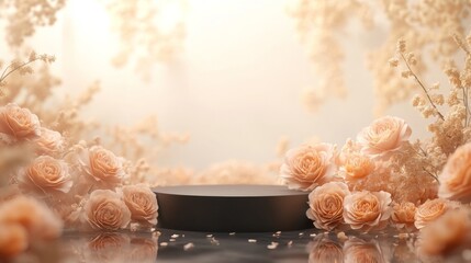 Poster - A stylish circular platform is beautifully surrounded by soft peach roses and delicate floral accents, creating an inviting atmosphere