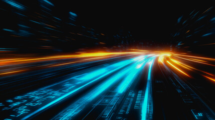Flowing glowing binary code in a futuristic digital data stream environment