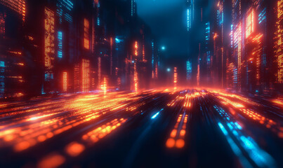 Flowing glowing binary code in a futuristic digital data stream environment