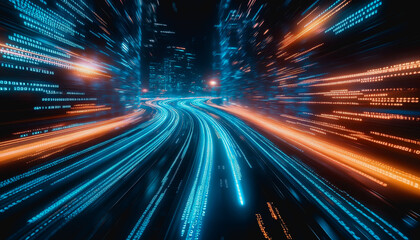 Flowing glowing binary code in a futuristic digital data stream environment