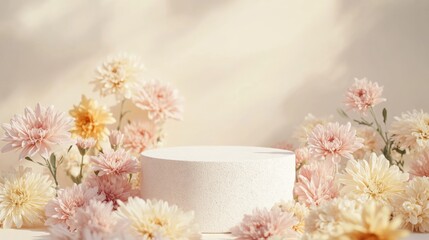 Poster - A simple white pedestal is elegantly surrounded by pastel-colored flowers. Soft natural light enhances the delicate atmosphere, creating a serene and inviting display suitable for various occasions.
