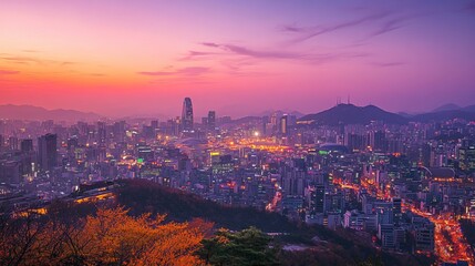 A stunning city view of Seoul at twilight captures the skyline bathed in a soft, golden glow as the sun sets behind the towering buildings.