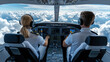 © starush - Two pilots in the cockpit of a plane looking out over clouds, AI