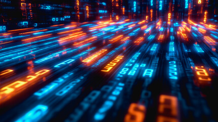 Flowing glowing binary code in a futuristic digital data stream environment