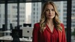 © Alteisen Riese - twenties american woman in red attire on office background model portrait looking confident for ad concept space for text