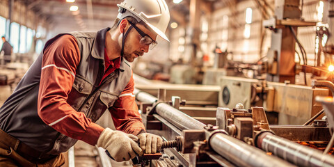 A focused factory worker in safety gear operates industrial machinery, depicting dedication and skill in a manufacturing environment.