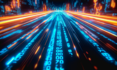 Flowing glowing binary code in a futuristic digital data stream environment