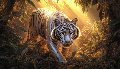 Wall Mural - A majestic white tiger prowls through a sunlit jungle, highlighting the beauty of wildlife in its natural habitat.