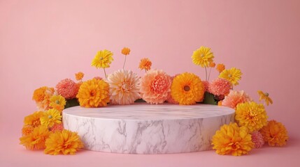 Poster - Colorful yellow and orange flowers surround a marble pedestal, creating a striking visual on a soft pink background. The arrangement highlights the beauty of the blooms in a cheerful setting.