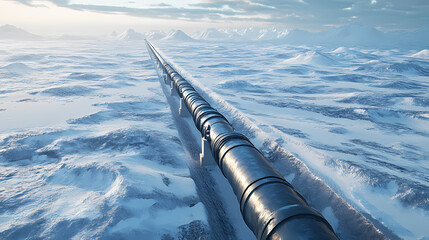 Wall Mural - Aerial view of a gas pipeline cutting through an icy tundra, showing the contrast between technology and nature in a frozen wilderness. Icy Tundra. Illustration