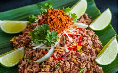 A delicious Thai dish with rice, meat, vegetables, and spices served on a banana leaf with lime wedges.