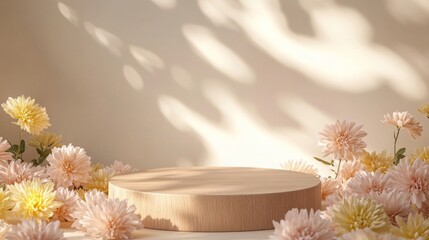 Poster - A round wooden platform sits in a softly lit space, surrounded by delicate pastel flowers creating an inviting atmosphere. Gentle shadows play across the background, enhancing the tranquility.