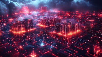 Wall Mural - modern cloud technology data center illustrated with neon colors in a cyber space theme, showing a n