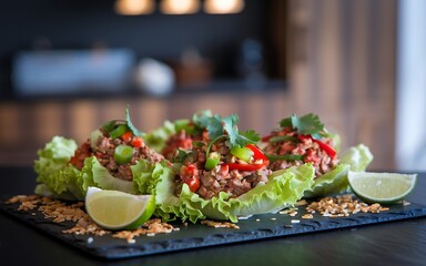 A plate of lettuce wraps filled with spicy meat and topped with fresh herbs, served with lime wedges and a sprinkle of toasted coconut flakes.