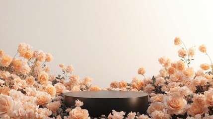 Wall Mural - A minimalist display pedestal is gracefully surrounded by an abundance of soft peach roses. The delicate flowers create a romantic atmosphere, perfect for showcasing an object or decor.