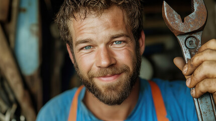 Poster - A man holding a wrench in his hand and smiling, AI