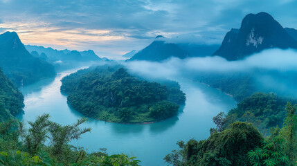 Wall Mural - Serene Mist-Shrouded River Valley: A breathtaking vista of a winding river valley nestled amidst majestic mountains, shrouded in a mystical mist.