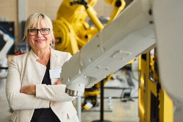 Confident female engineer with robotics in industrial setting