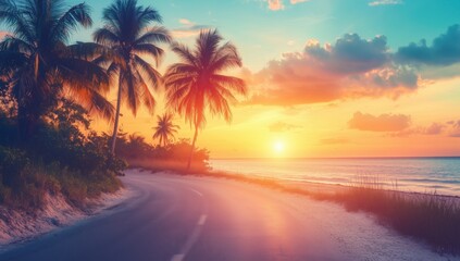 road in the tropics among palm trees and the sea	
