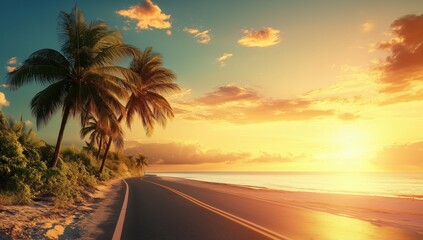 road in the tropics among palm trees and the sea	
