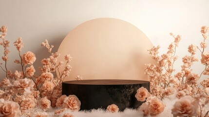 Poster - Delicate, pastel-colored flowers surround a smooth wooden platform set against a soft circular backdrop. The calming atmosphere enhances the visual appeal, creating a harmonious and inviting space.