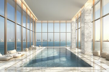 Wall Mural - Luxurious indoor swimming pool with panoramic window view of cityscape