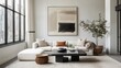 © Rosaria - A stylish, modern living room with neutral tones, featuring a white sectional sofa, abstract wall art, and large windows offering a city view. The space exudes simplicity and elegance. AI generative.