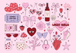 © Olga - Set of y2k pink girly clipart. Cute cowboy hat, bow, heart, matches, shell, cup. Trendy coquette stickers. 2000s aesthetic. Funky vector elements for card, poster, collage design