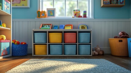 Kids' storage cubbies with fabric bins,