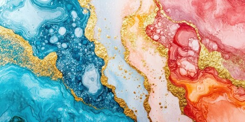 Sticker - Abstract colorful fluid art with gold accents and swirling patterns.