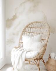 Wall Mural - A cozy rattan chair with cushions against a soft, painted wall, creating a serene atmosphere.