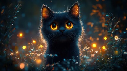 Wall Mural - enchanted forest scene with a magical black cat glowing yellow eyes surrounded by bioluminescent plants and fireflies dark mysterious atmosphere