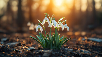 Wall Mural - Close-Up of White Snowdrops in the Forest