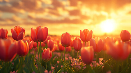 Wall Mural - Wide View of Colorful Tulip Fields Bathed in Warm Spring Sun