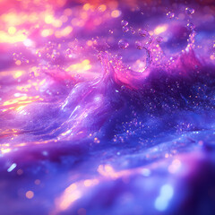 Fototapete - Abstract illustration of flowing lines and flying drops of thick, flowing, glowing liquid. Tones of blue, pink and purple create a vibrant gradient that emphasizes the organic shape with soft reflecti